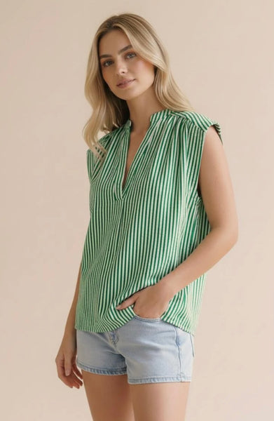 Green Striped Notch Neck Drop Shoulder Top