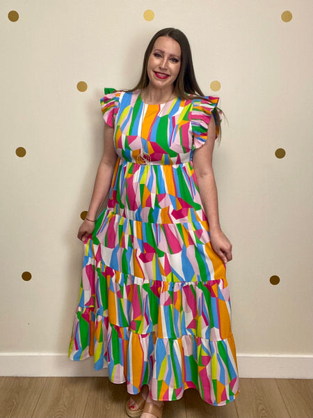 FINAL SALE Beautiful Multicolor Print Ruffle Sleeve Dress