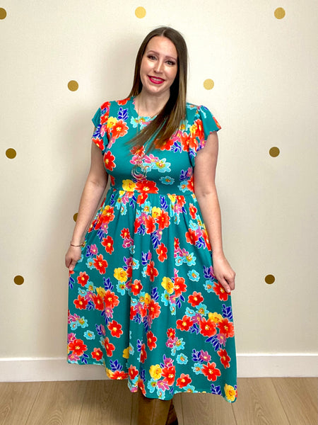 FINAL SALE Teal Floral Midi Dress