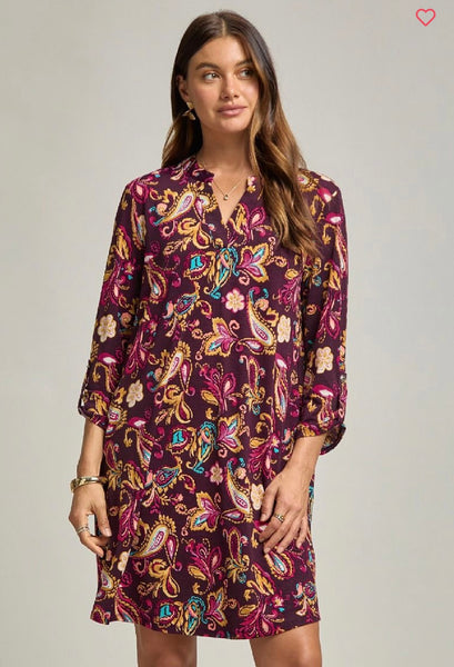 Wine Multi Paisley Pocket Dress