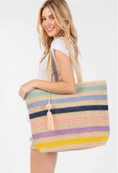 Navy Multicolor Striped Tote Bag