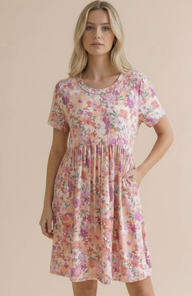 Peach Floral Babydoll Pocket Dress