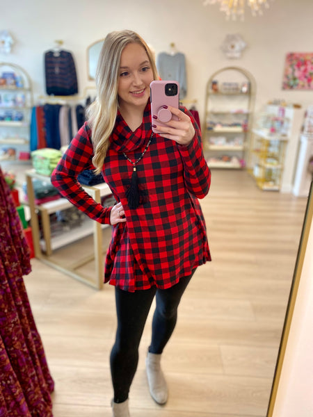 FINAL SALE Black & Red Buffalo Plaid Cowl Neck Tunic