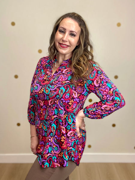 Wine Multi Paisley Print Top