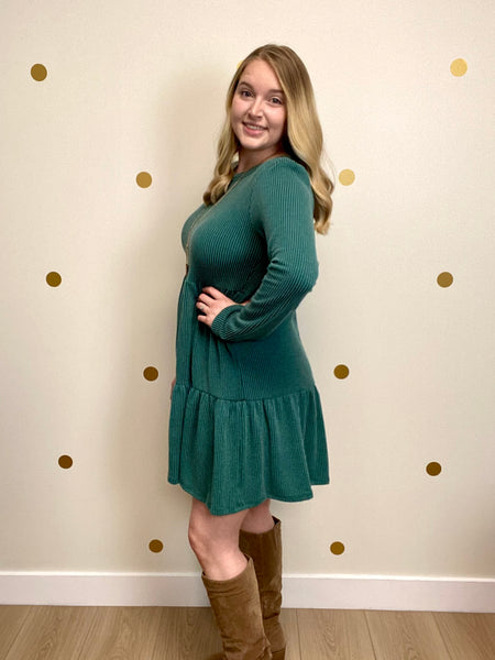 Hunter Green Ribbed Tiered Dress