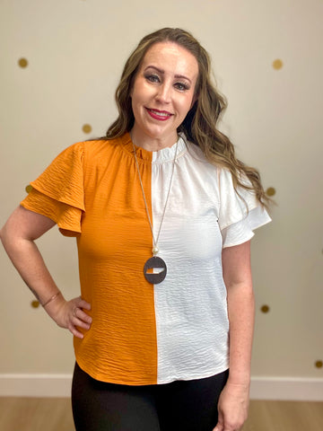 Orange & White Color Block Ruffle Sleeve Top