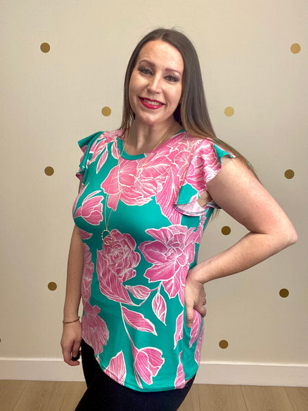 FINAL SALE Teal & Pink Floral Print Top