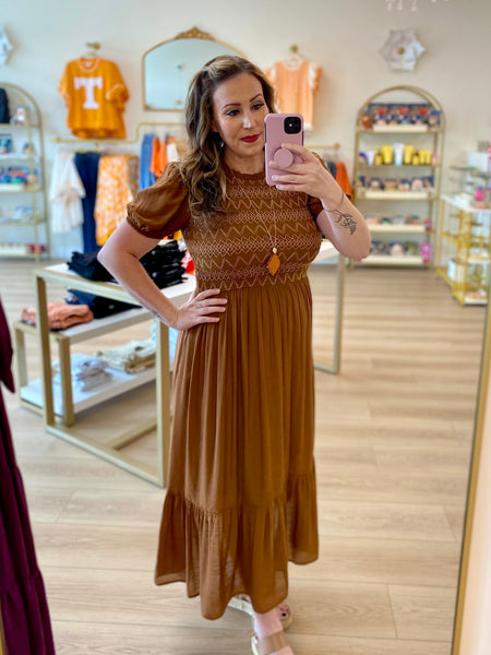 Brown Detailed Smocked Puff Sleeve Midi Dress