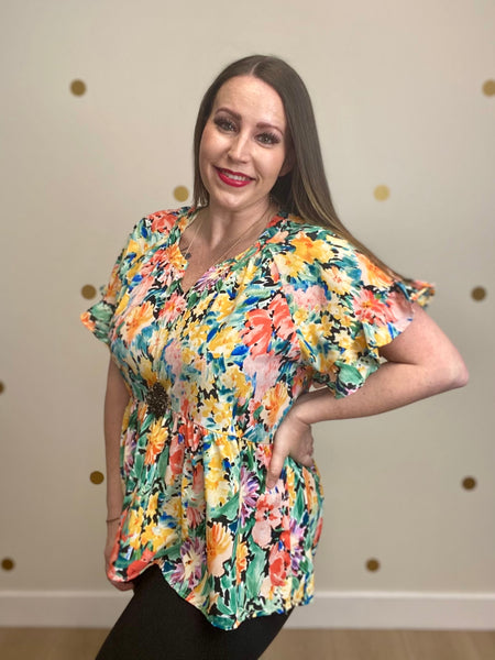 FINAL SALE Umgee Coral Multicolor Floral Tiered Top