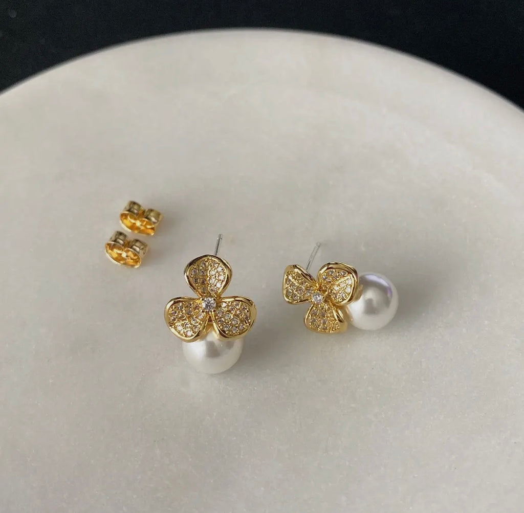 Gold Petal Pearl Earrings