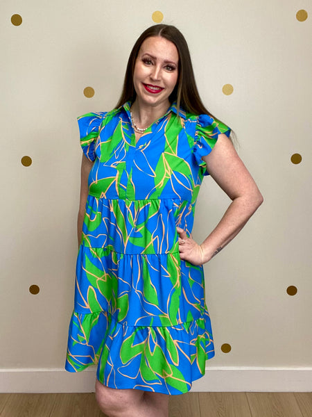 FINAL SALE Blue & Green Print Tiered Dress