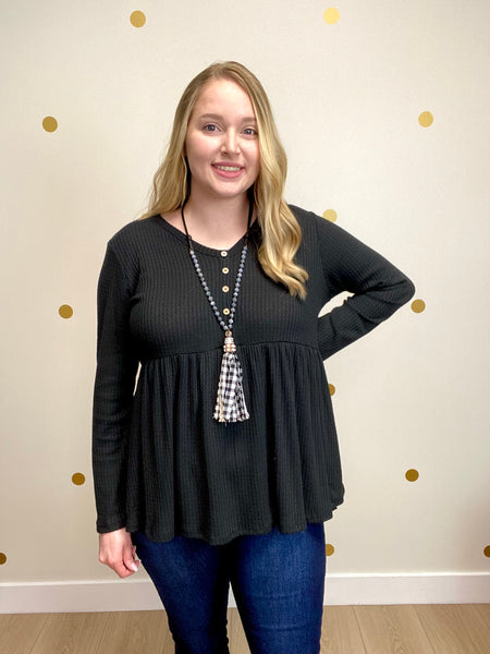 Black Button Peplum Waffle Top