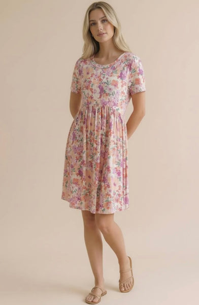 Peach Floral Babydoll Pocket Dress