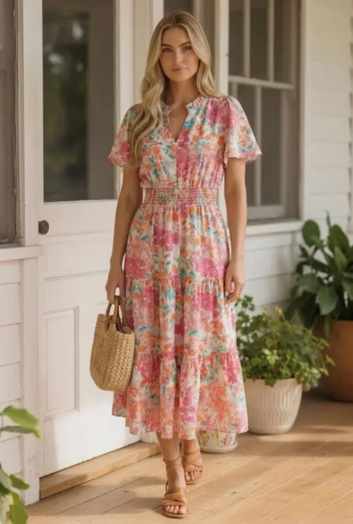Floral Smocked Waist Tiered Dress