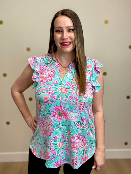 Mint Floral Flutter Sleeve Top