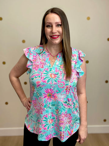 Mint Floral Flutter Sleeve Top