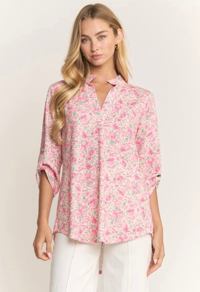 Cream & Pink Floral Ribbed Top