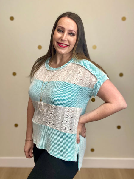FINAL SALE Aqua Ribbed Eyelet Contrast Top