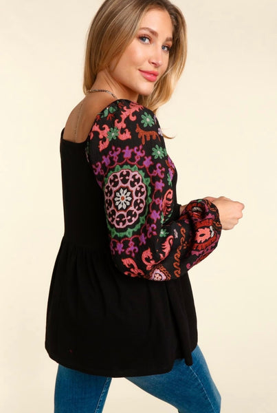 FINAL SALE Black Embroidered Sleeve Top