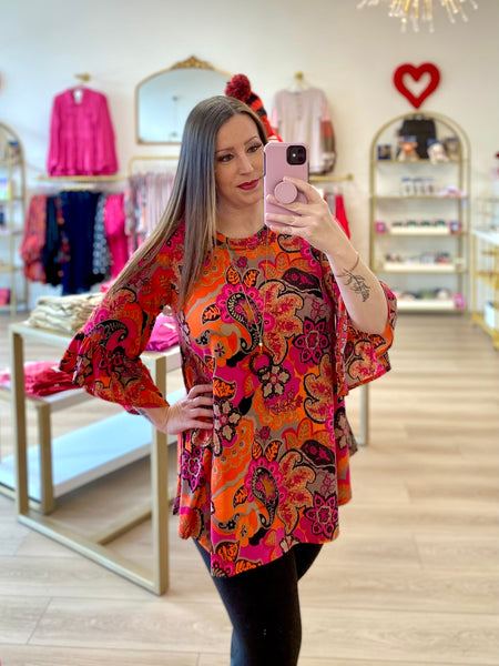 FINAL SALE Fuchsia & Orange Paisley Floral Bell Sleeve Top