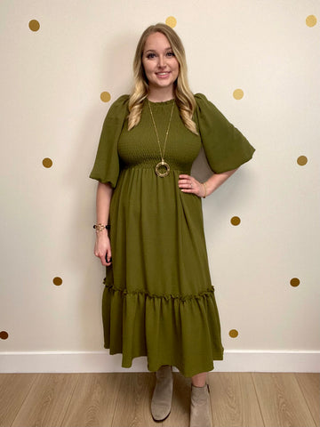Olive Smocked Tiered Midi Dress