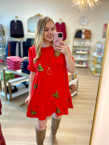 FINAL SALE Umgee Red Christmas Tree Detail Dress