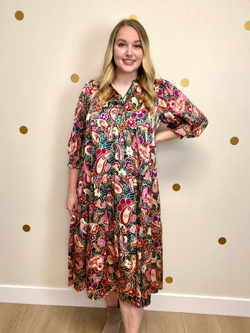 Umgee Teal Green Paisley Midi Dress