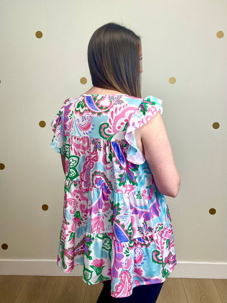 FINAL SALE Ivory & Fuchsia Paisley Tiered Top