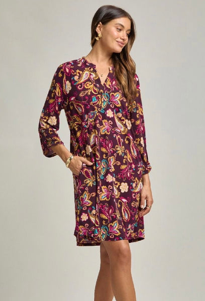 Wine Paisley Print Pocket Dress
