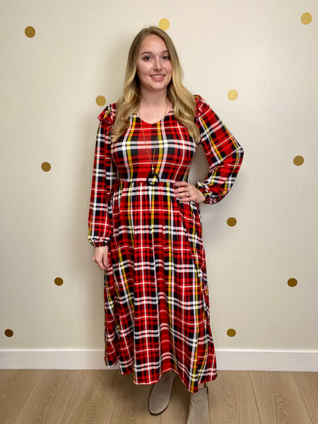 FINAL SALE Red & Black Plaid Shoulder Ruffle Midi Dress