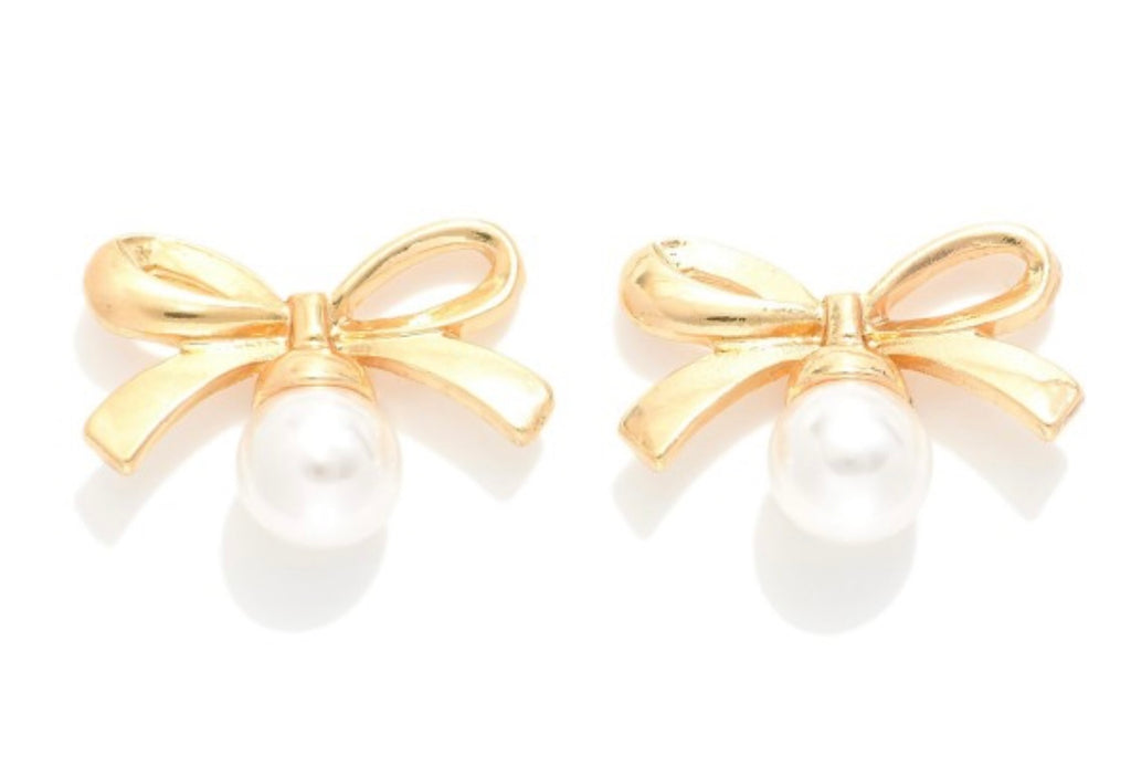 Gold Pearl Bow Earrings