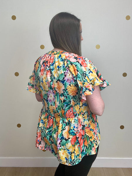 FINAL SALE Umgee Coral Multicolor Floral Tiered Top