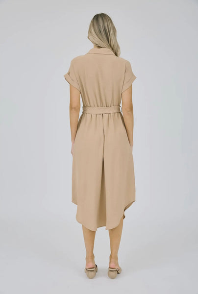 Mocha Collared Button Down Belted Midi Dress