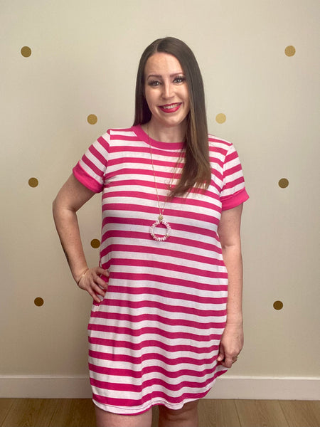 FINAL SALE Fuchsia Striped Button Pocket Dress