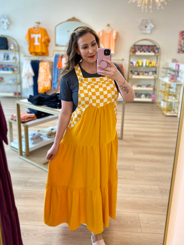 Orange Checkered Overall Pocket Dress
