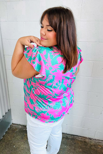 Pink & Green Floral Print Frilled Short Sleeve Yoke Top - Online Only!