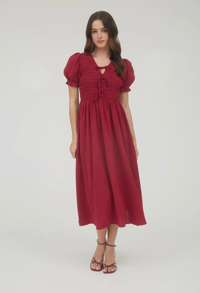 Wine Smocked Tie Puff Sleeve Midi Dress
