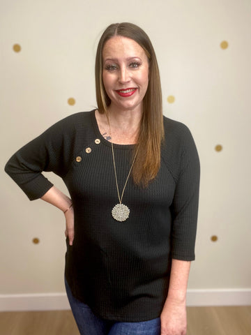 Black Button Waffle Top