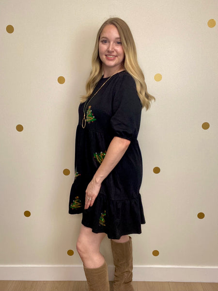 FINAL SALE Umgee Black Christmas Tree Detail Dress