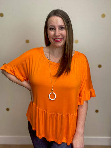Orange Peplum Ruffle Sleeve Top