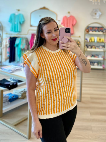 Orange & White Striped Ribbed Cap Sleeve Top