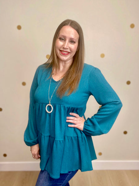 Teal Tiered Puff Sleeve Top