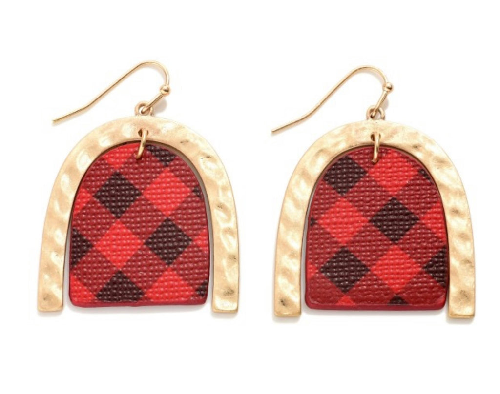 Gold Red Buffalo Plaid Arched Earrings