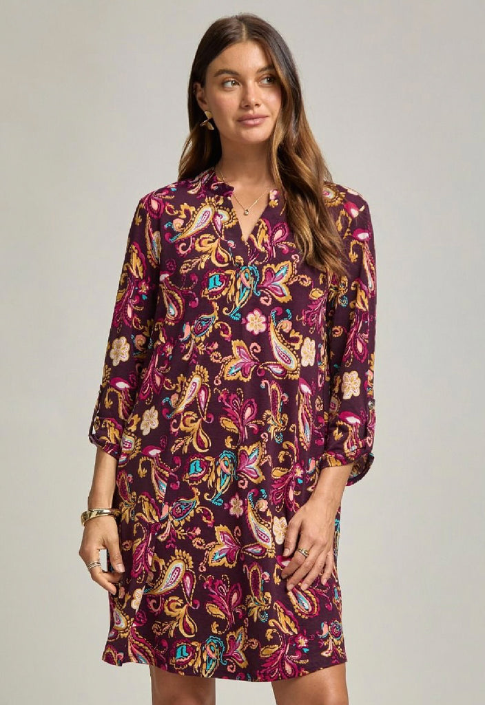 Wine Paisley Print Pocket Dress