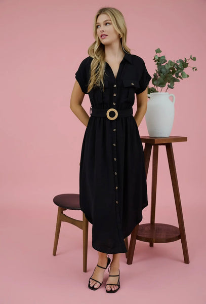 Black Collared Button Down Belted Midi Dress