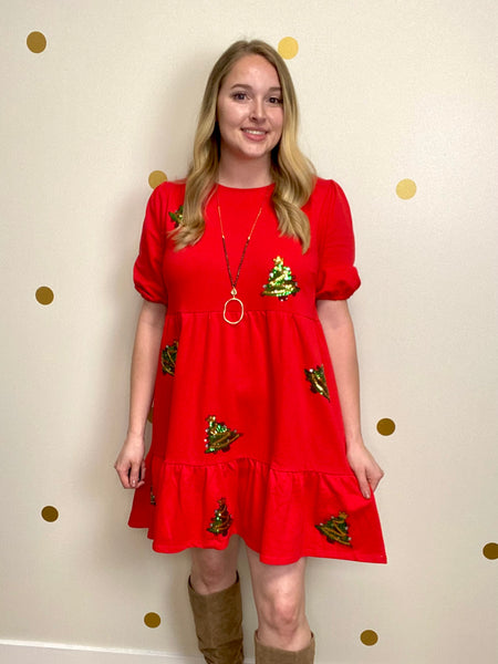 FINAL SALE Umgee Red Christmas Tree Detail Dress