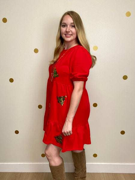 FINAL SALE Umgee Red Christmas Tree Detail Dress