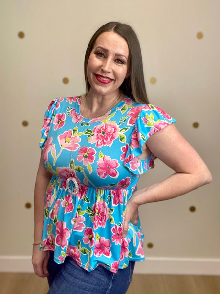 FINAL SALE Aqua Floral Peplum Top