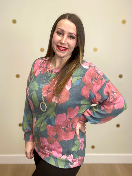 Hunter Green Floral Brushed Hacci Top