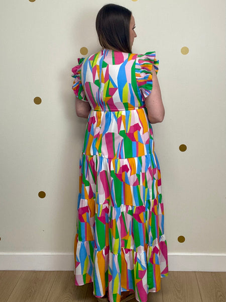 FINAL SALE Beautiful Multicolor Print Ruffle Sleeve Dress